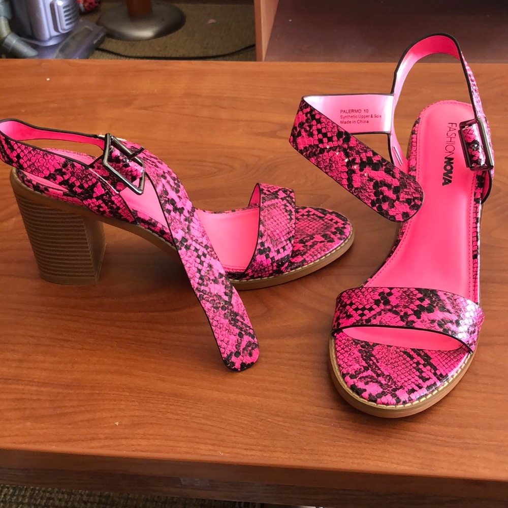 Hot pink snake skin block heels